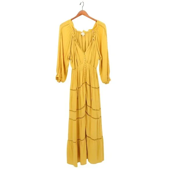 Anthropologie En Elly Sunset Tiered Golden Yellow Maxi Dress S - Picture 4 of 10